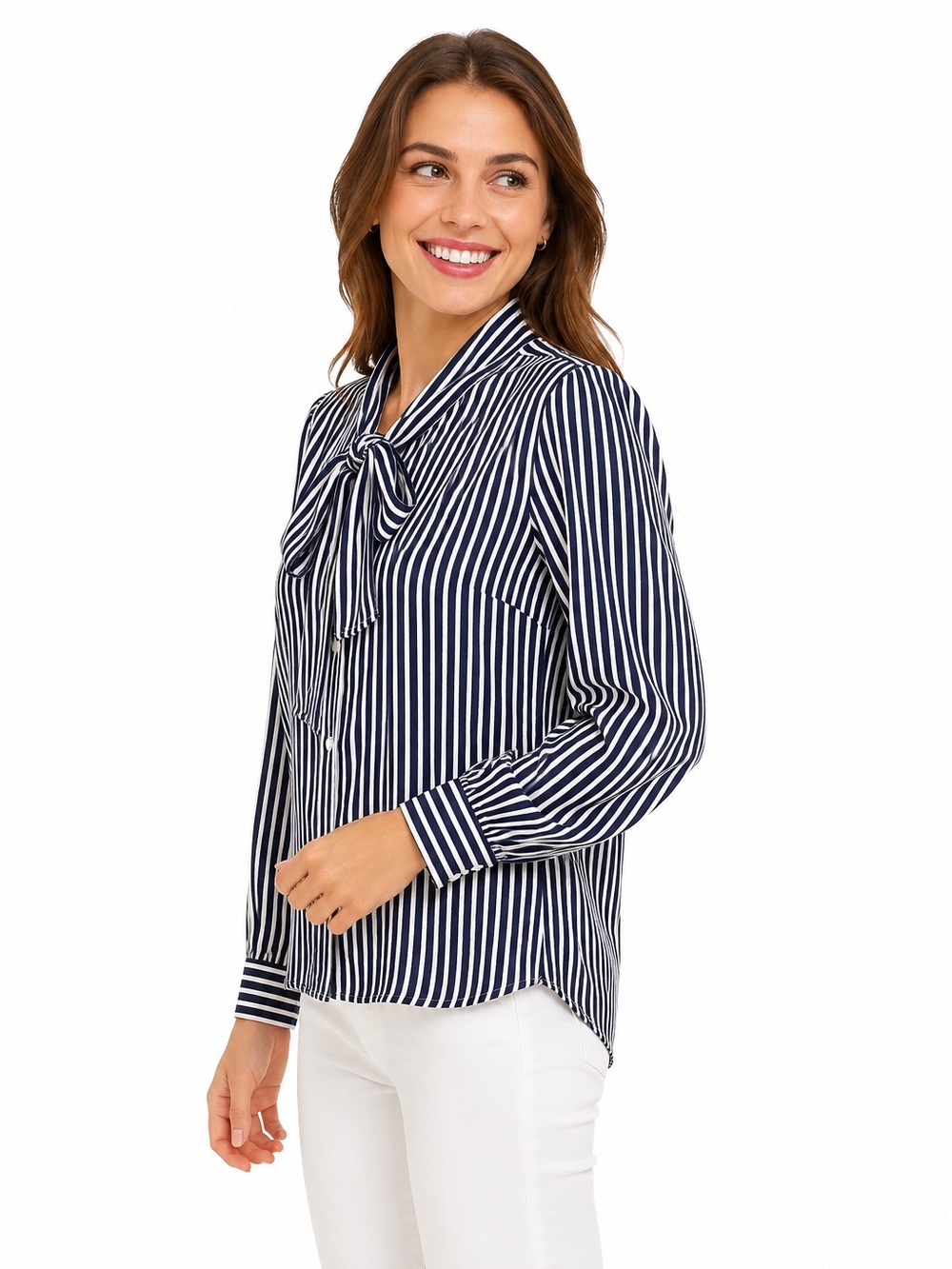 Liz Claiborne navy & white striped silky work office button up blouse neck tie L